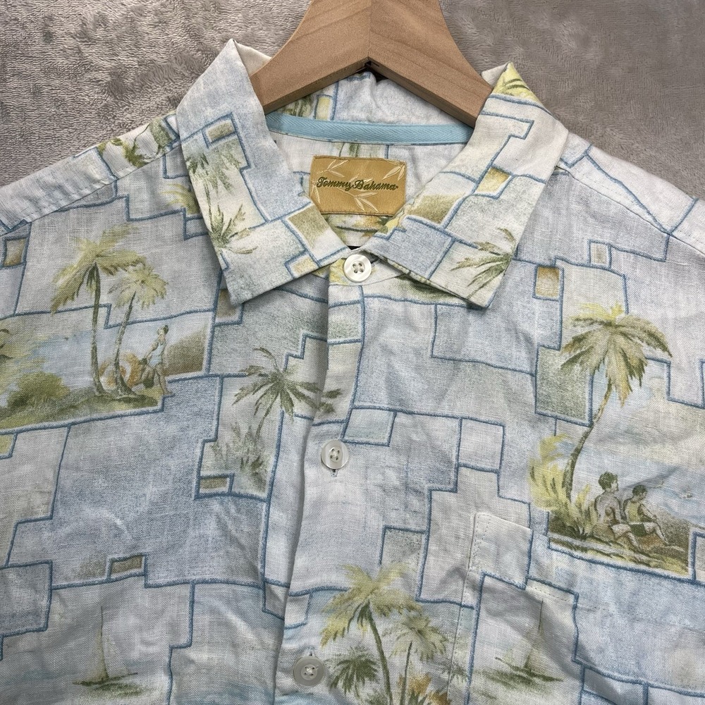 Tommy Bahama Shirt Linen Island Print Short Sleeve Vacation Large